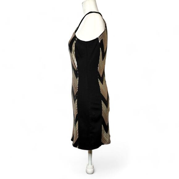 G by Guess Chevron Stripe Sequin Halter Dress Gold Black Small - Picture 2 of 11